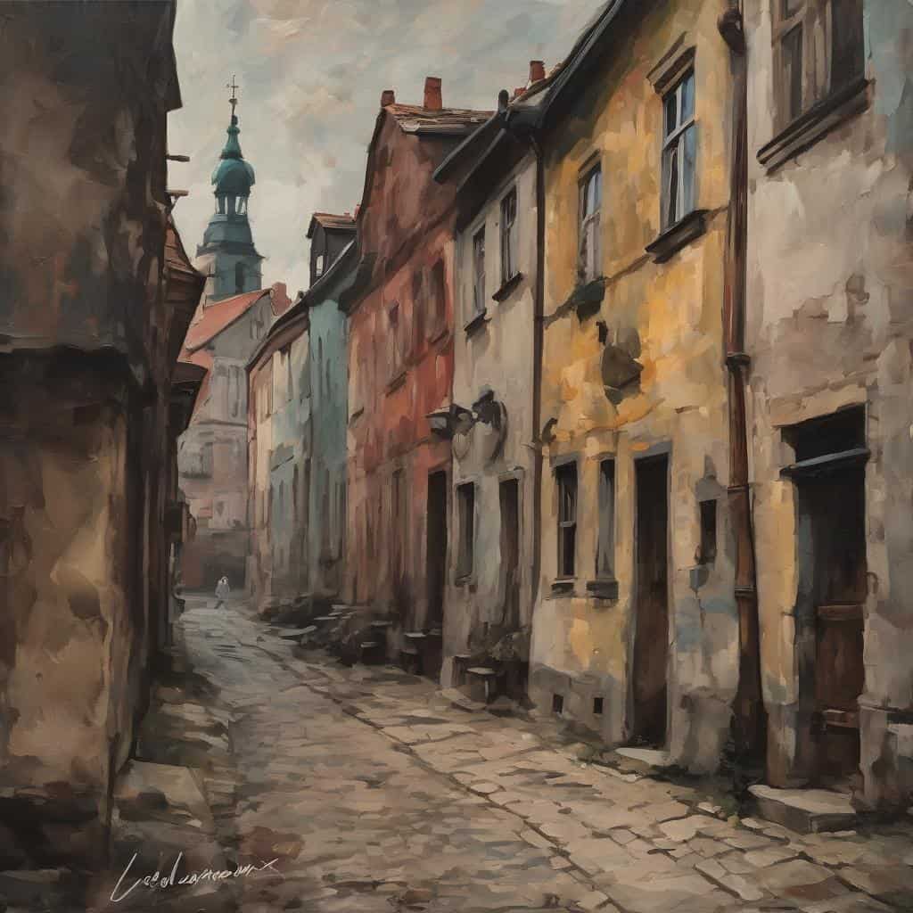 Άγρια παλιά οδός στην πόλη με ιστορικά κτίρια και εκκλησία στον ορίζοντα, ζωγραφικό έργο που αναδεικνύει την τέχνη των πορτρέτων και την εσωτερική ψυχή των πόλεων.