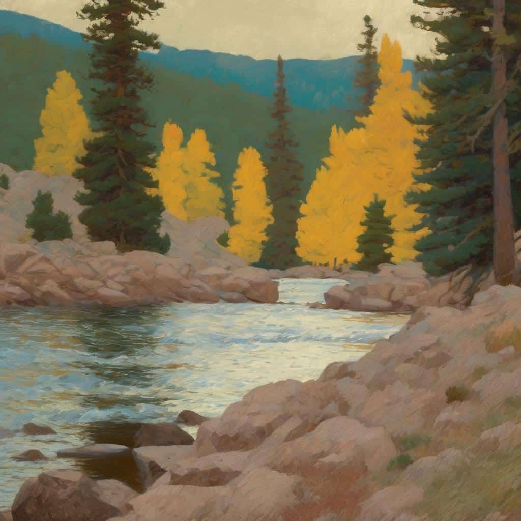 Χαρακτηριστικό τοπίο με εορταστικά καφέ και πράσινη φύση, νερό και δέντρα, απαλά χρώματα, τείχη ζωγραφικής, φωτογραφία για έργα τέχνης και τοπίων, εκφραστικά στοιχεία της φύσης, πινελιές φθινοπώρου και ηρεμία.