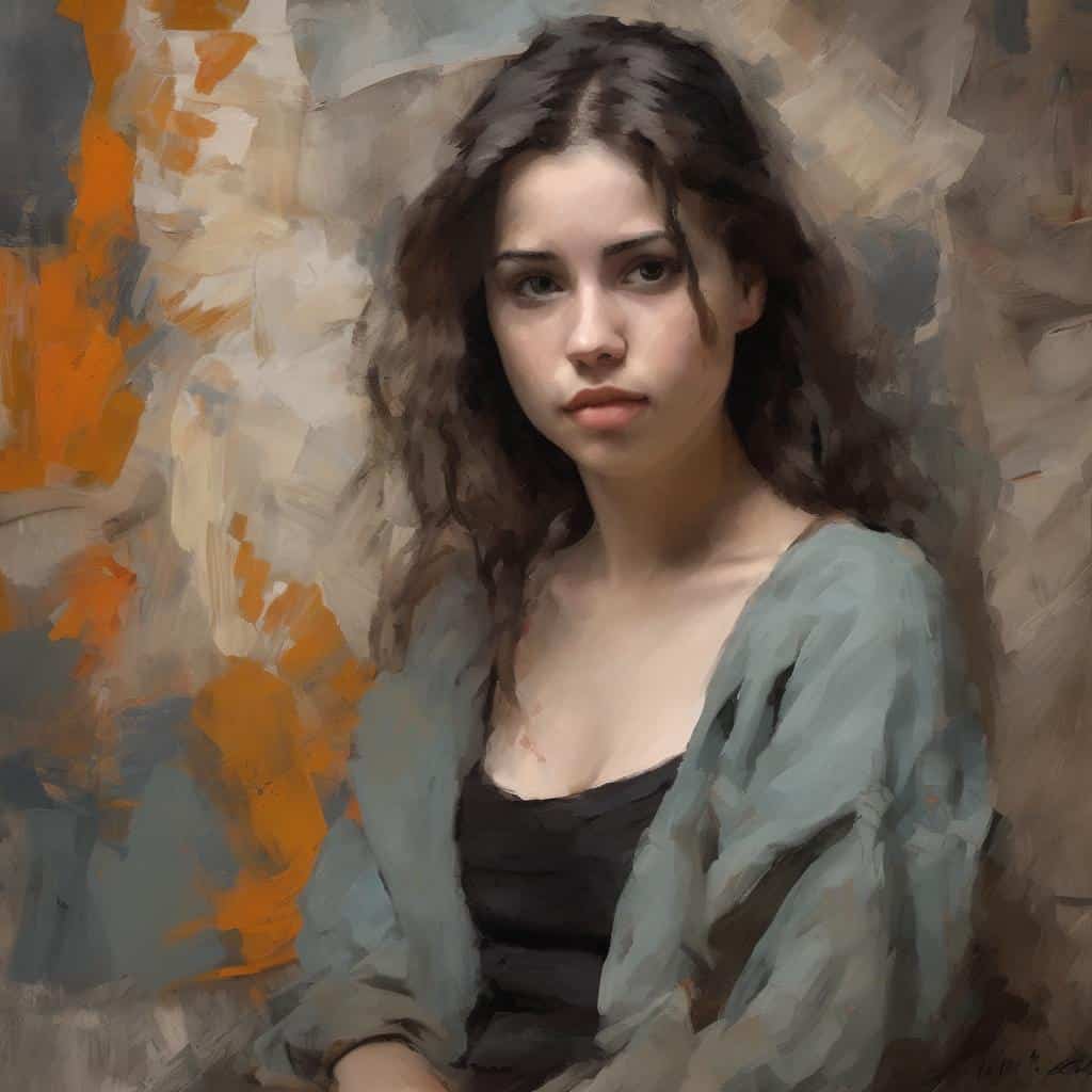 Ανυψωμένη εικόνα πορτρέτου, νεαρή γυναίκα με μακριά σγουρά μαλλιά και σοβαρή έκφραση, σε καμβά με ζωγραφική τεχνική, εκφράζει την τέχνη του πορτρέτου ως καθρέφτης ψυχής, με έμφαση στην εσωτερική ομορφιά και έκφραση.