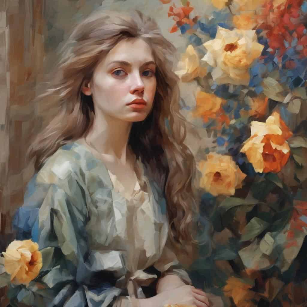 Ο καθρέφτης ψυχής: πορτρέτο γυναίκας με φυσική ομορφιά και ρομαντική ατμόσφαιρα, δημιουργικό έργο τέχνης, ζωγραφισμένο με έντονα χρώματα και λεπτομέρειες.