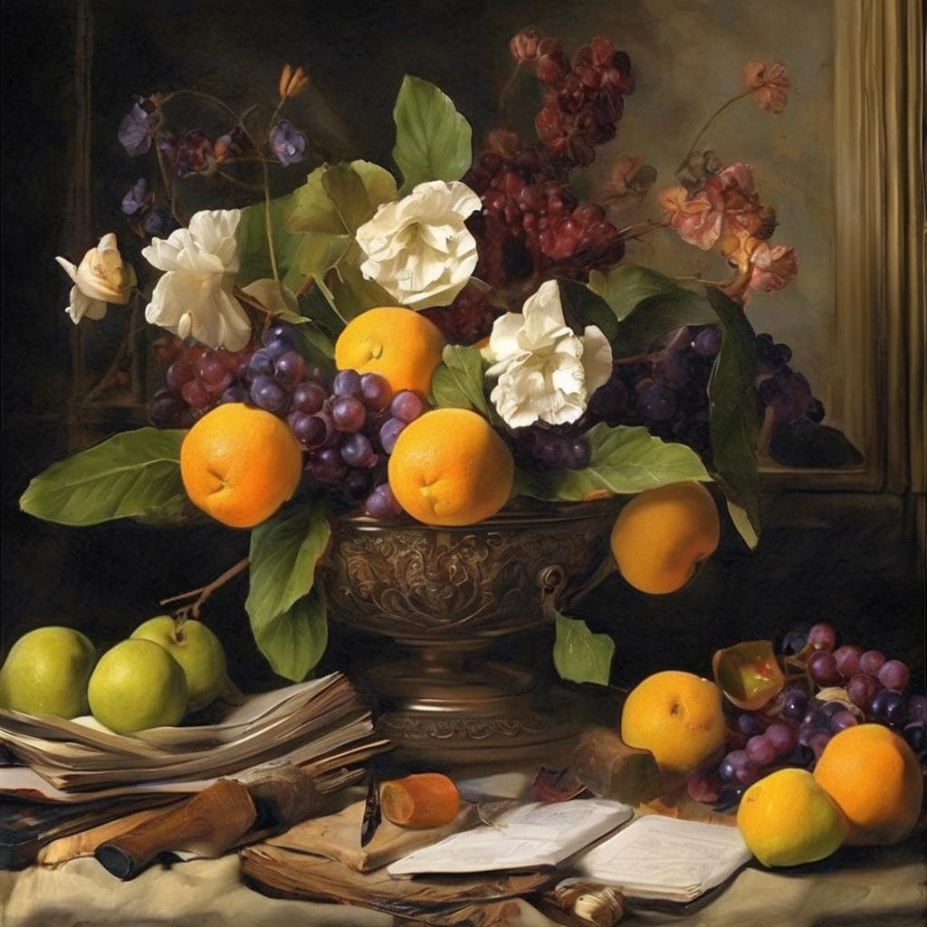 Βασικό αλλά και μοντέρνο ρεαλιστικό still life με φρούτα, λουλούδια και αντικείμενα, παρουσιάζει την τέχνη του πορτρέτου ως καθρέφτη ψυχής σε αριστουργηματικό ζωγραφικό έργο.