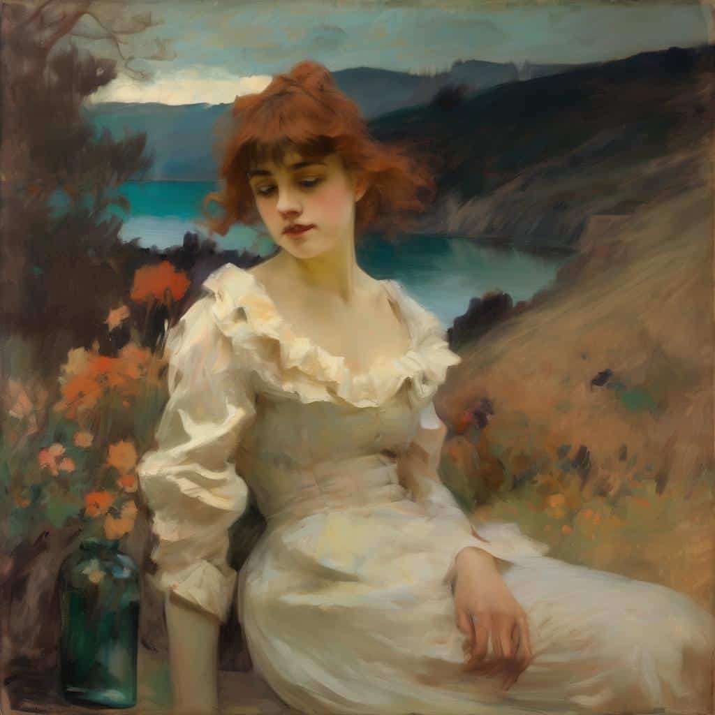 Ανθρωπινό πορτρέτο γυναίκας με εσωτερική αντανάκλαση ψυχής, σε φυσικό τοπίο, ζωγραφική τέχνη, εκφραστική πορτρέτο, παραδοσιακός ζωγράφος, καλλιτεχνική δημιουργία, εικόνα έργου τέχνης.