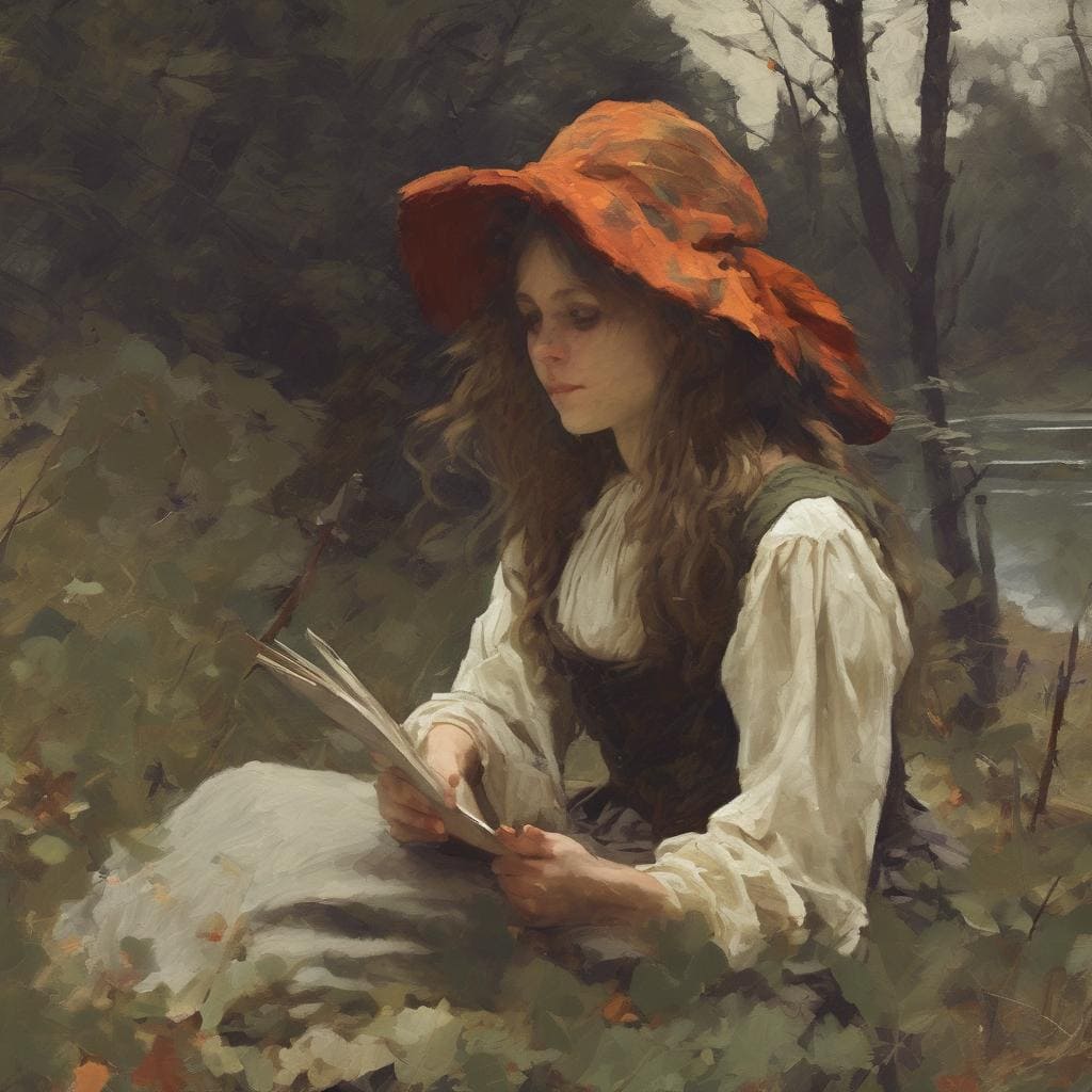 Ομορφη νεαρή γυναίκα με μεγάλο πορτοκαλί καπέλο, διαβάζει βιβλίο σε φυσικό τοπίο, τέχνη πορτρέτου που αντικατοπτρίζει την ψυχή, ερωτισμός και εσωτερική ομορφιά.